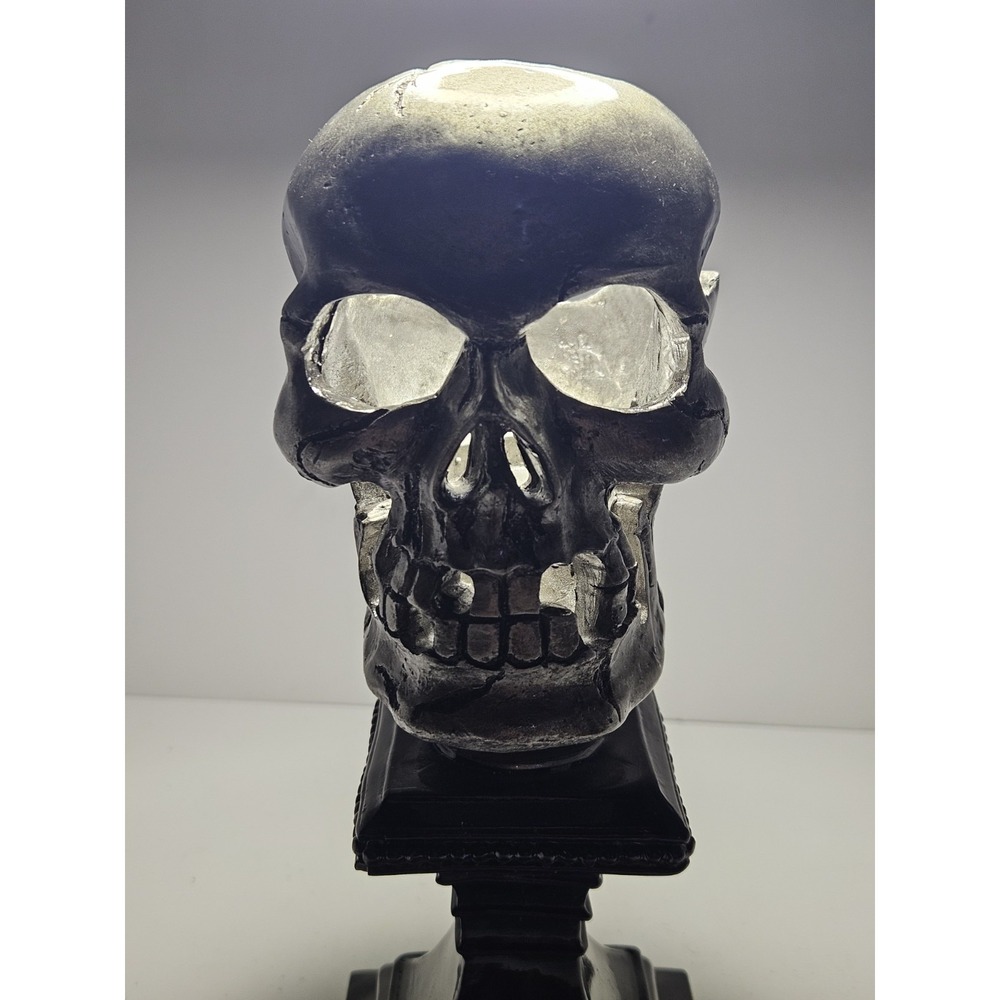 Halloween Metallic Silver Skull Bust Tealight Candle Holder Black Pedestal 10"